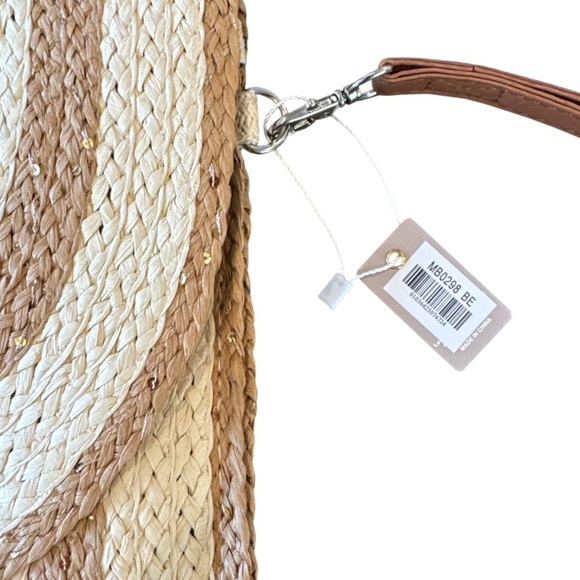 Cream & Tan Two Tone Straw & Sequin Clutch Wristlet or Crossbody Bag NWT - Picture 9 of 13